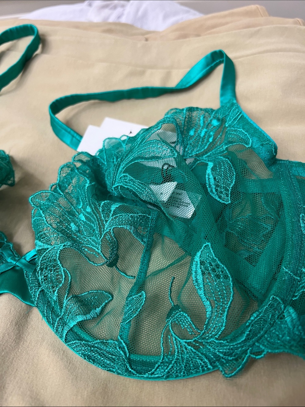 Fleur du Mal Emerald Sheer Lily Embroidery Plunge Demi Bra